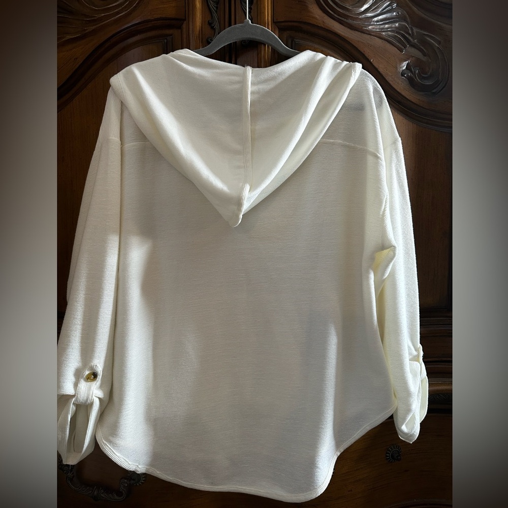 NEW Ribbed Cupio Cream Hoodie with Kangaroo Pocket High Low Rayon Blend Large - Picture 6 of 11